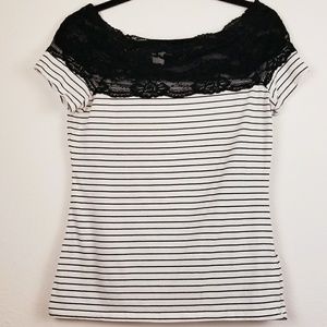 H & M striped black & white tee with lace M